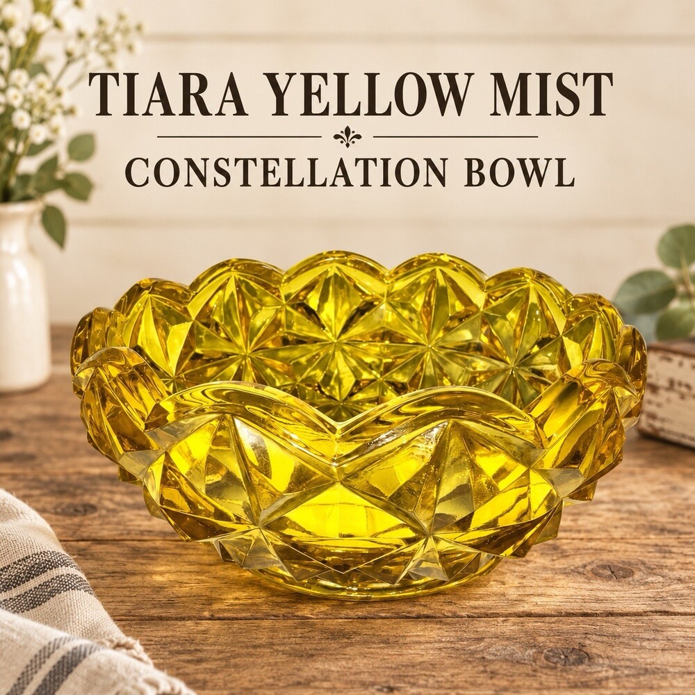 Vintage Indiana Glass Tiara Yellow Mist Constellation Candy Bowl 6” USA